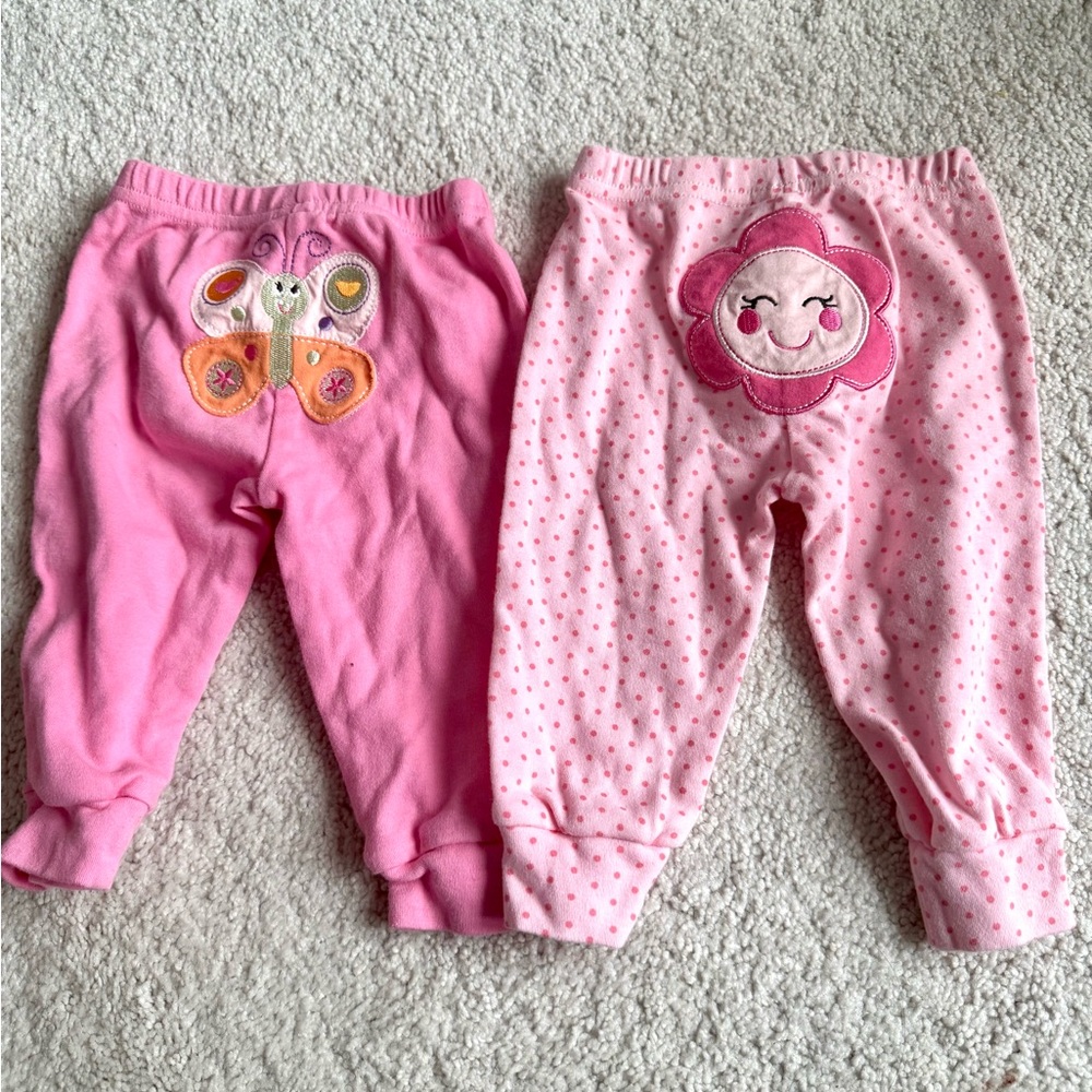 Pink Butterfly & Flower Appliqué Baby  Pants - Set of 2